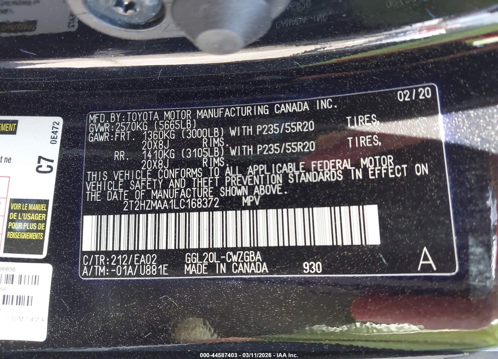 2020 LEXUS RX 350 VIN: 2T2HZMAA1LC168372