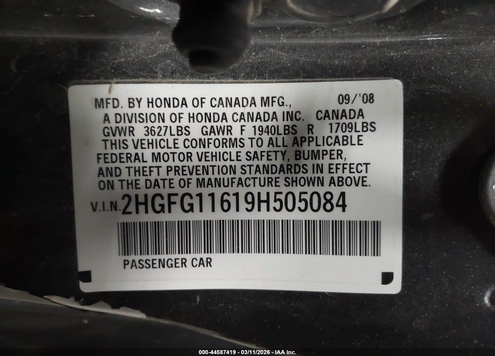 2009 HONDA CIVIC LX VIN: 2HGFG11619H505084