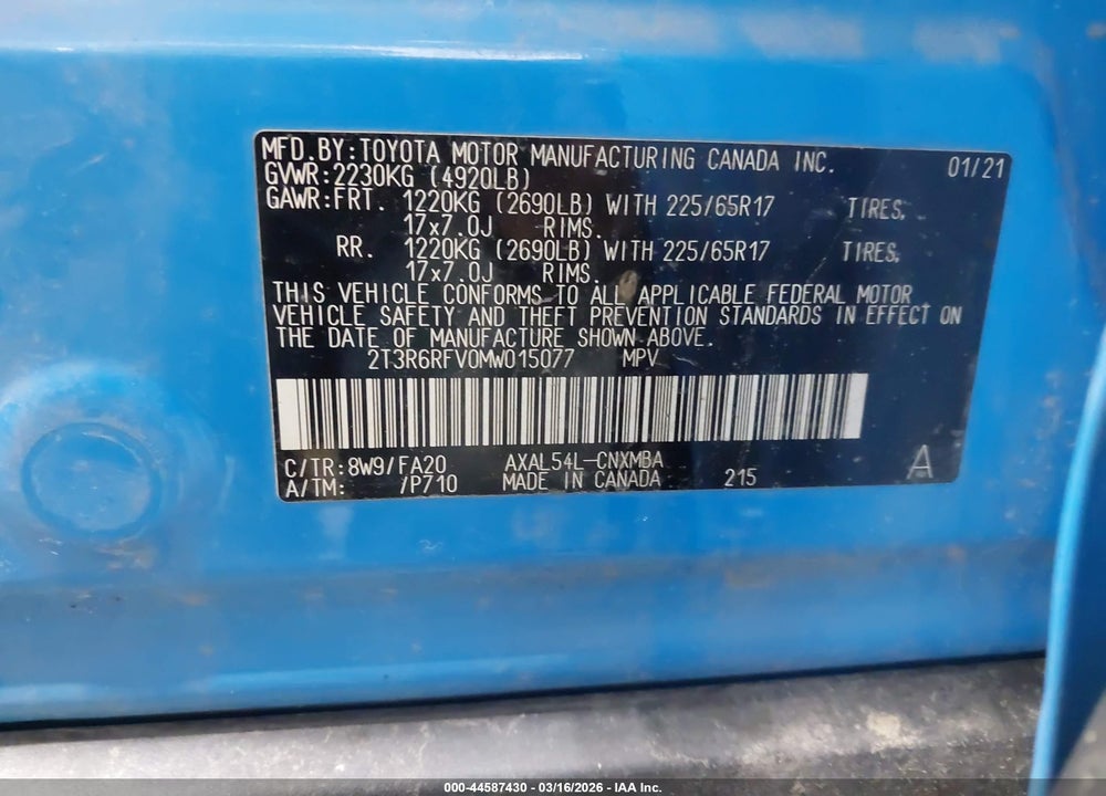 2021 TOYOTA RAV4 HYBRID XLE VIN: 2T3R6RFV0MW015077