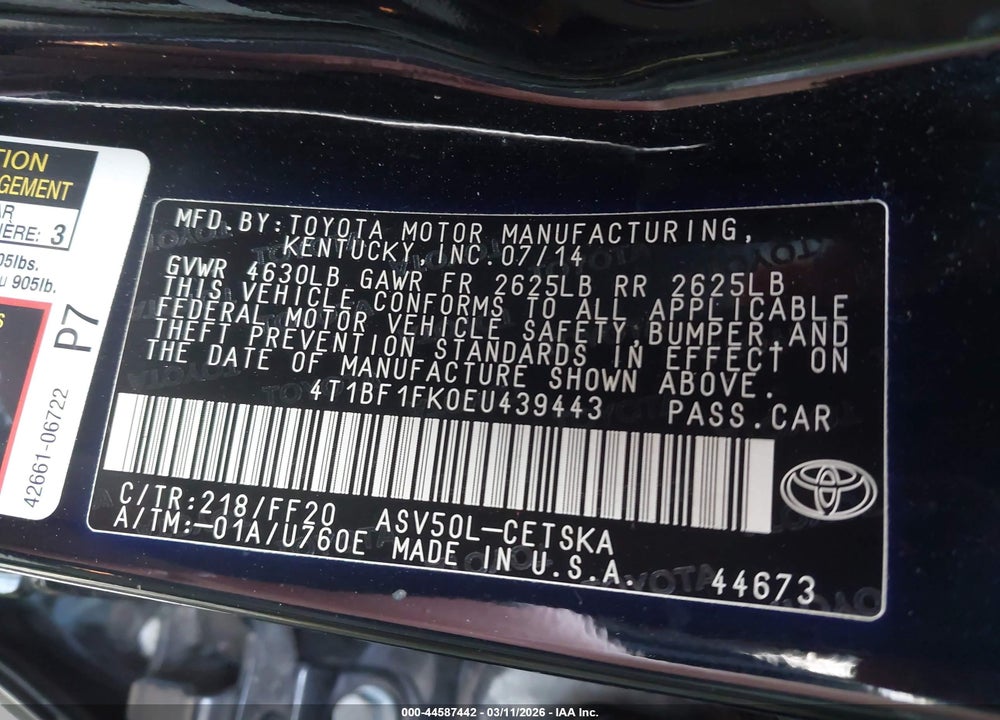2014 TOYOTA CAMRY SE VIN: 4T1BF1FK0EU439443