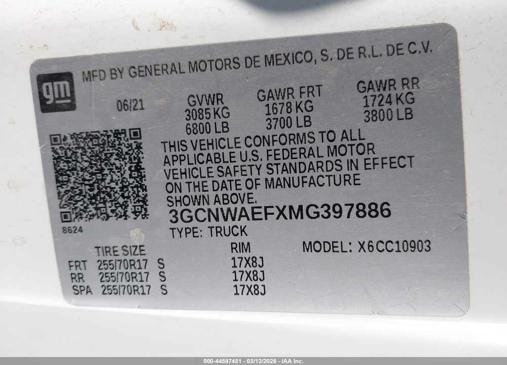 2021 CHEVROLET SILVERADO 1500 2WD  LONG BED WT VIN: 3GCNWAEFXMG397886