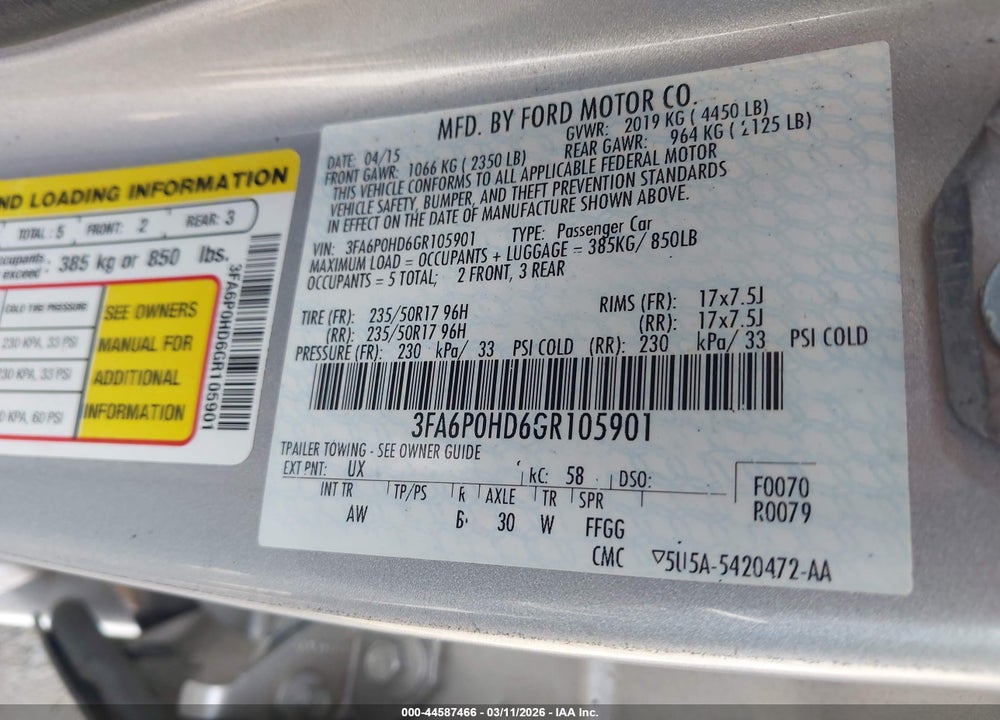 2016 FORD FUSION SE VIN: 3FA6P0HD6GR105901