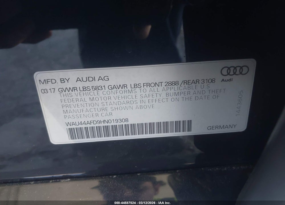 2017 AUDI A8 L 3.0T VIN: WAU44AFD9HN019308