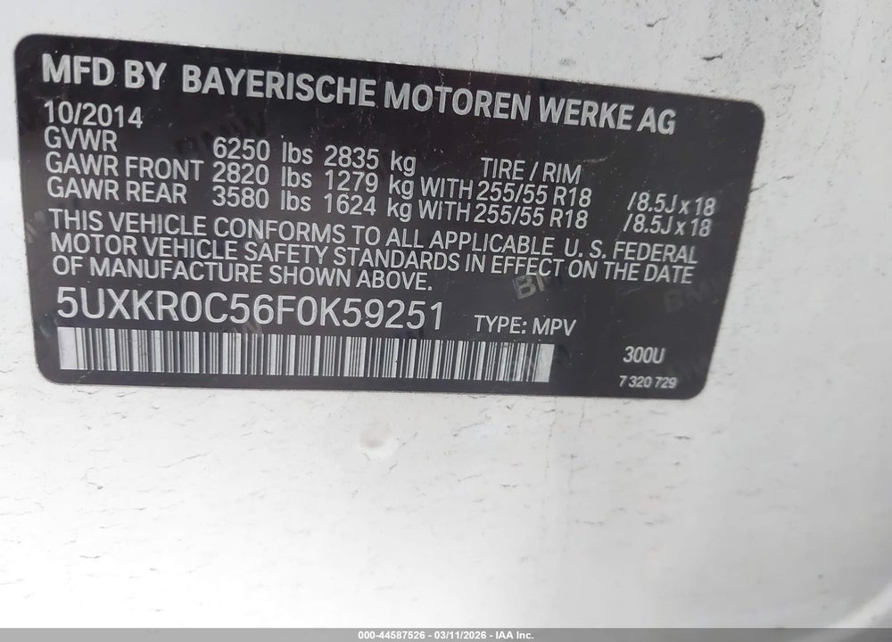 2015 BMW X5 XDRIVE35I VIN: 5UXKR0C56F0K59251