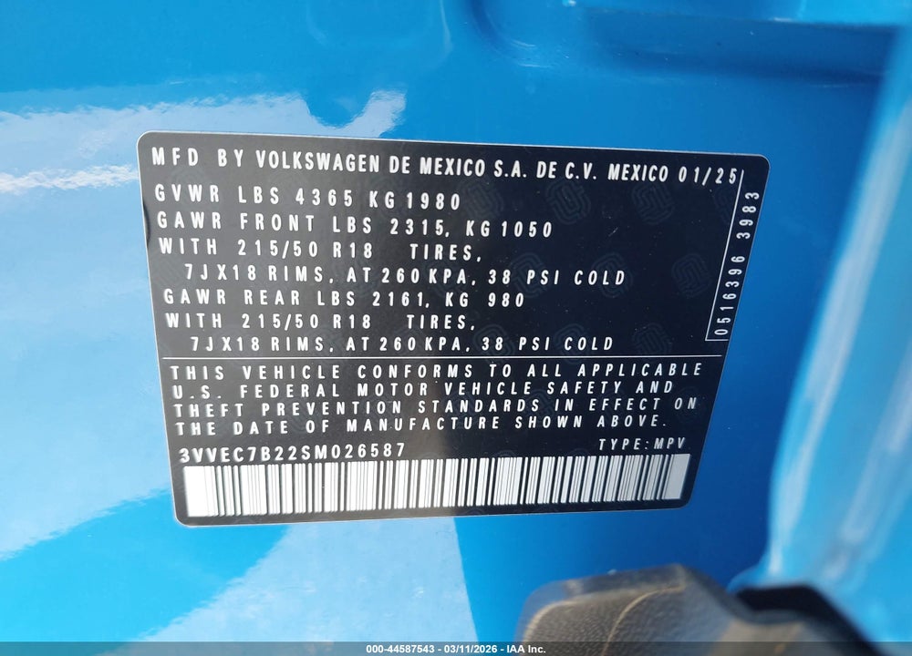2025 VOLKSWAGEN TAOS 1.5T SE VIN: 3VVEC7B22SM026587