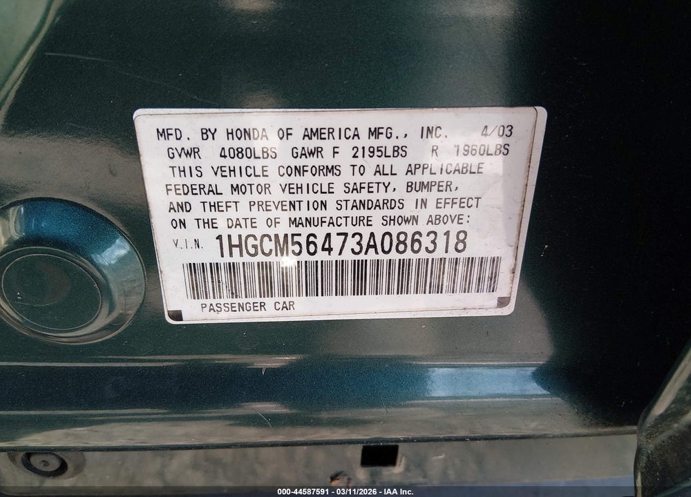2003 HONDA ACCORD 2.4 LX VIN: 1HGCM56473A086318