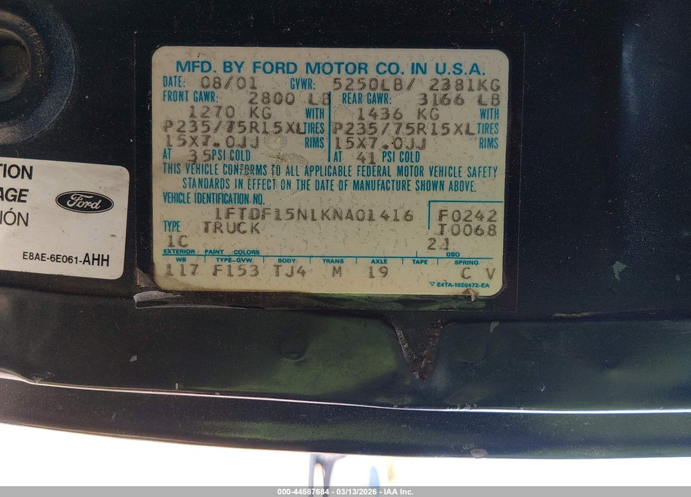 1989 FORD F150 VIN: 1FTDF15N1KNA01416