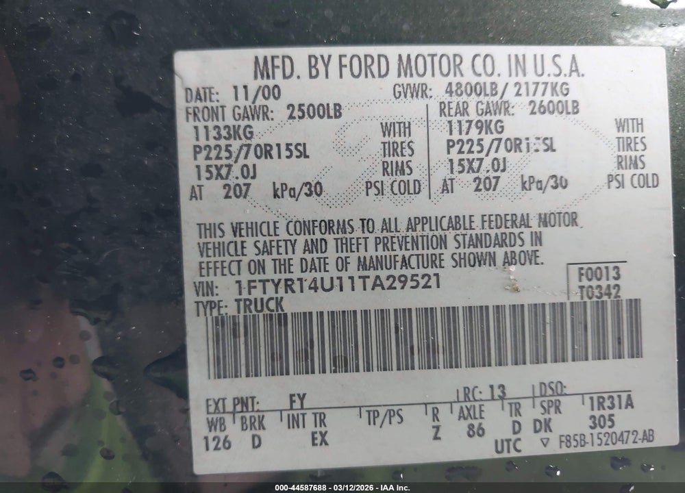 2001 FORD RANGER EDGE/XL/XLT VIN: 1FTYR14U11TA29521