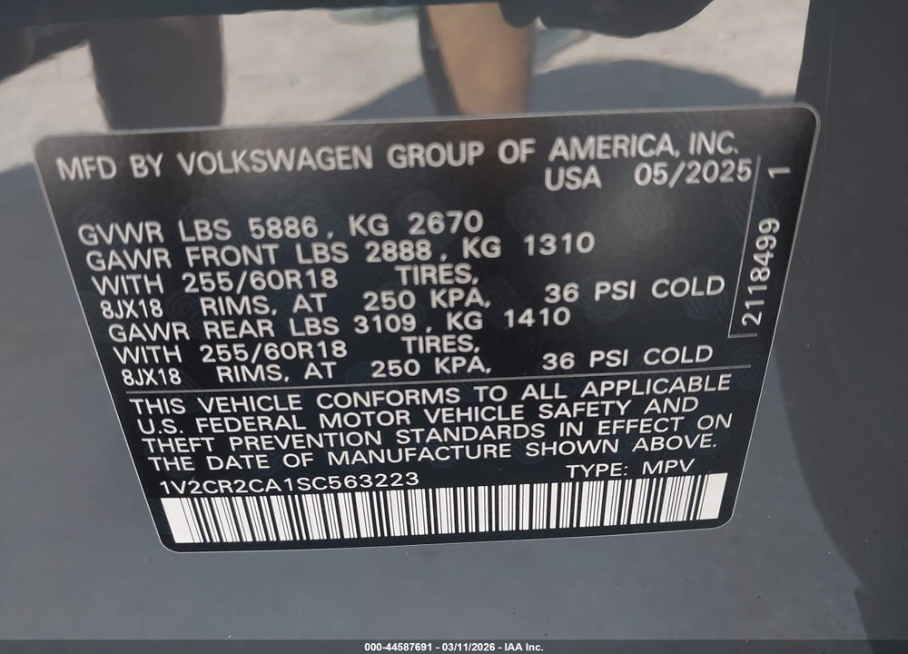 2025 VOLKSWAGEN ATLAS 2.0T PEAK EDITION VIN: 1V2CR2CA1SC563223