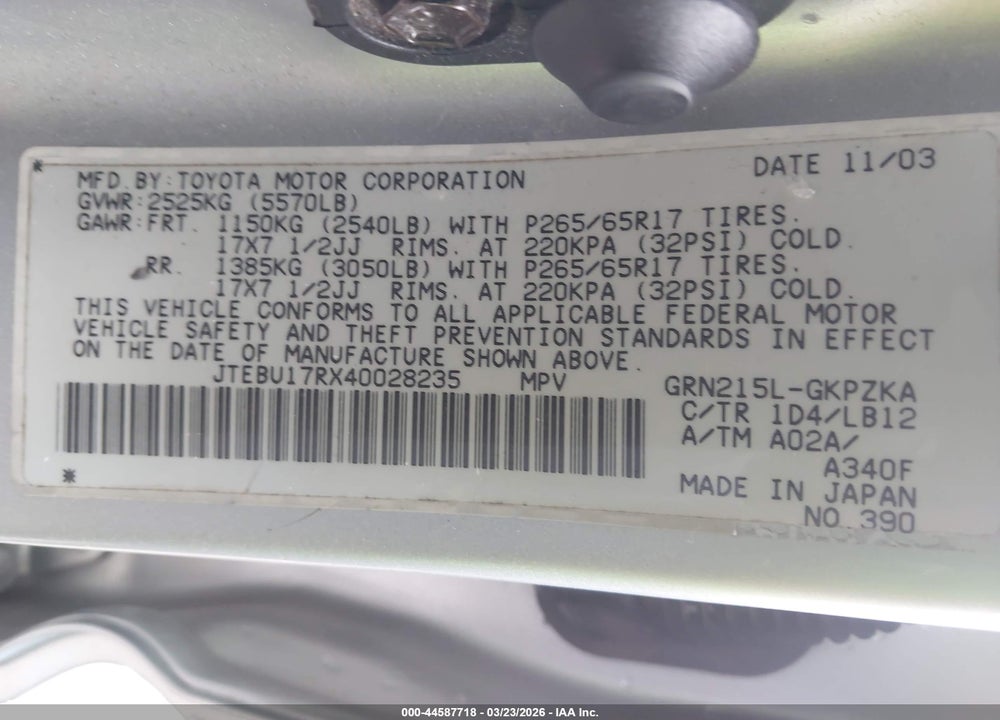 2004 TOYOTA 4RUNNER LIMITED V6 VIN: JTEBU17RX40028235