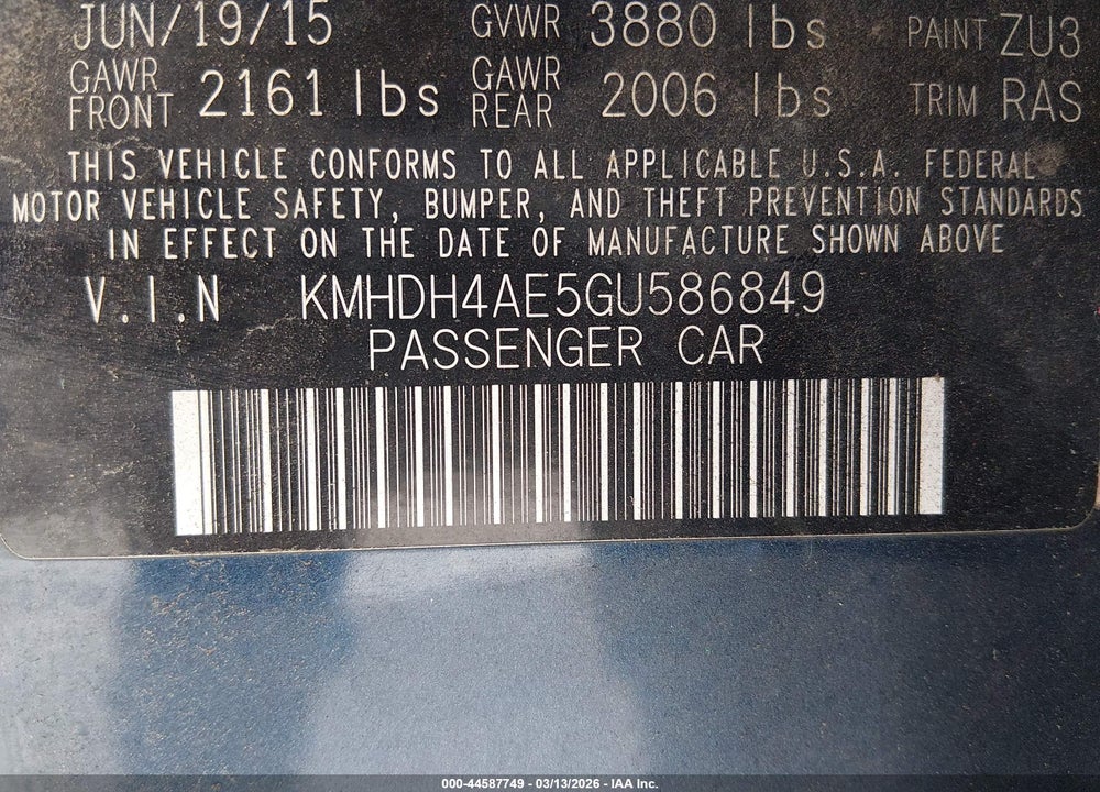 2016 HYUNDAI ELANTRA SE VIN: KMHDH4AE5GU586849
