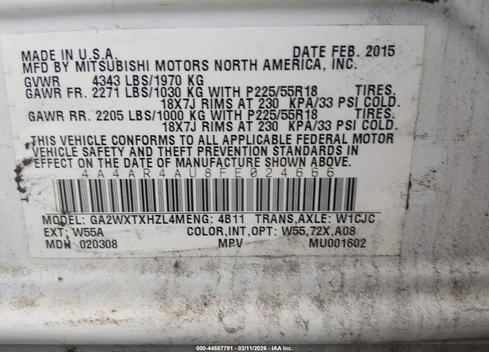 2015 MITSUBISHI OUTLANDER SPORT SE VIN: 4A4AR4AU8FE024666