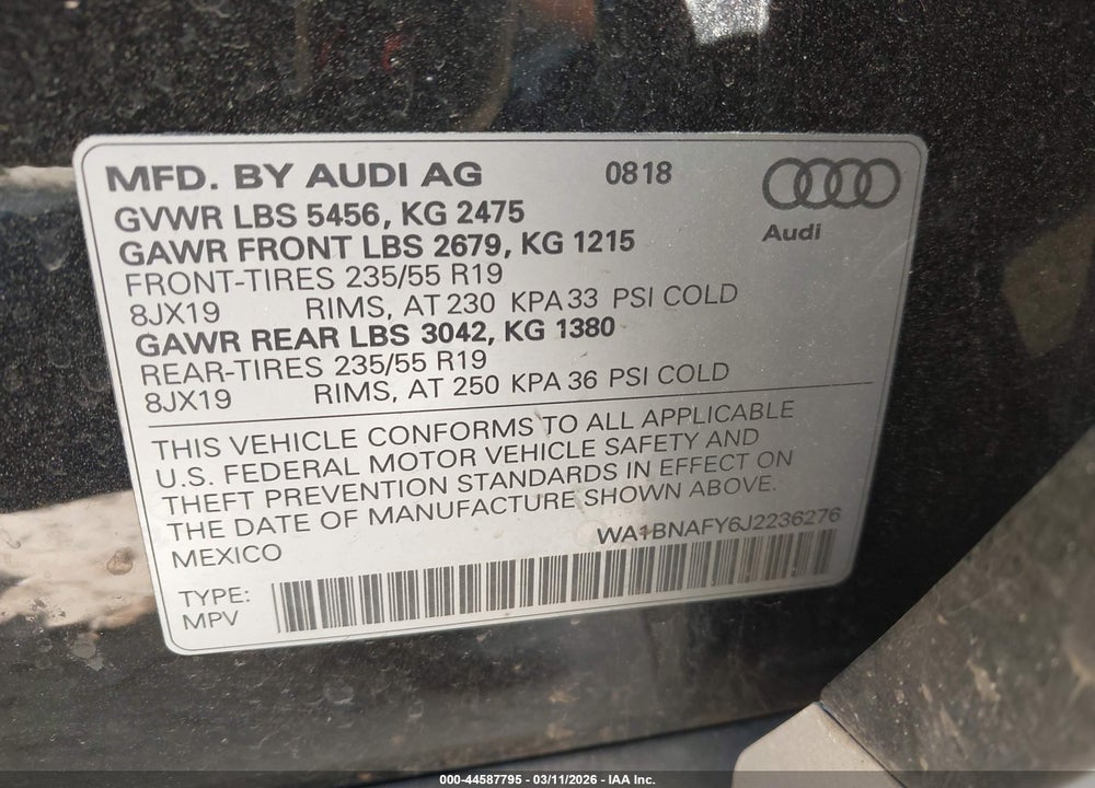 2018 AUDI Q5 2.0T PREMIUM/2.0T TECH PREMIUM VIN: WA1BNAFY6J2236276