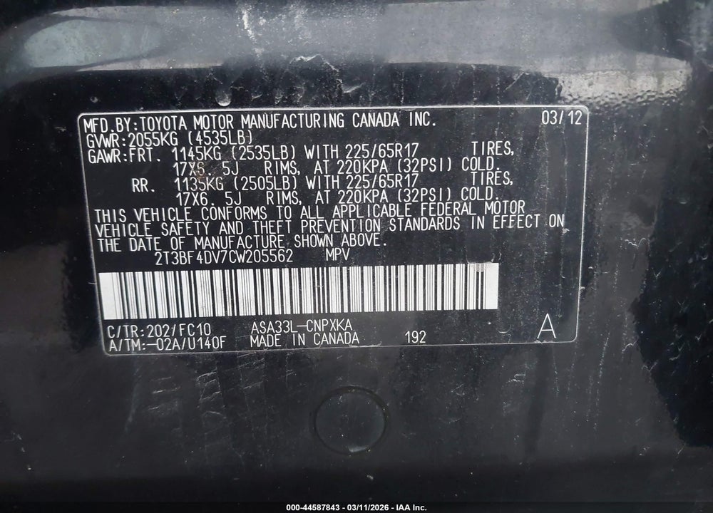2012 TOYOTA RAV4 VIN: 2T3BF4DV7CW205562