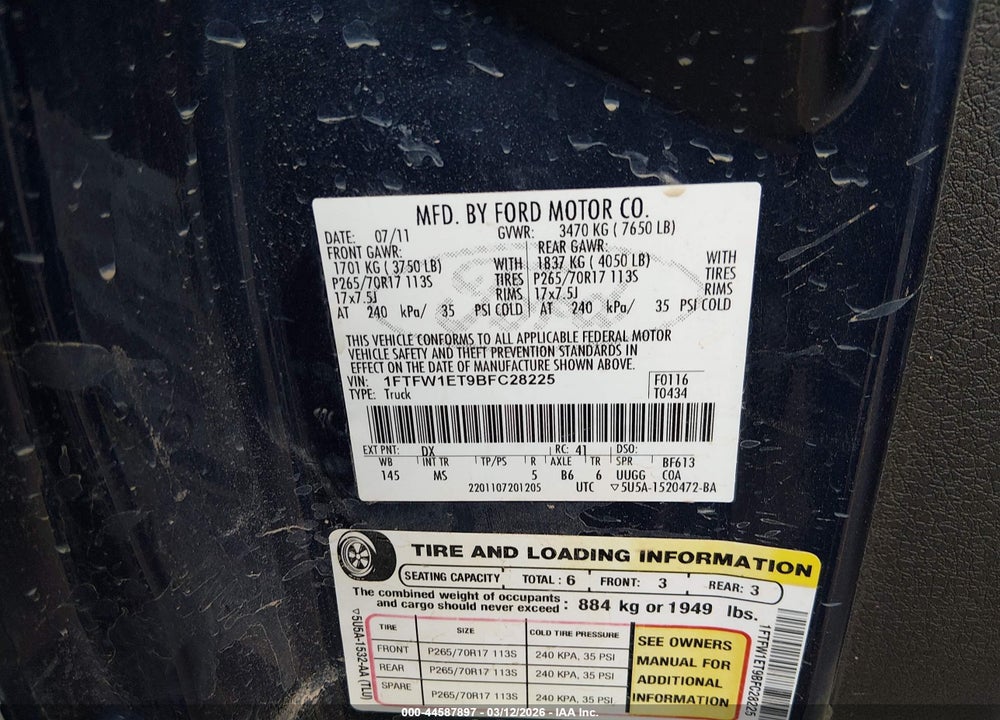 2011 FORD F-150 XLT VIN: 1FTFW1ET9BFC28225