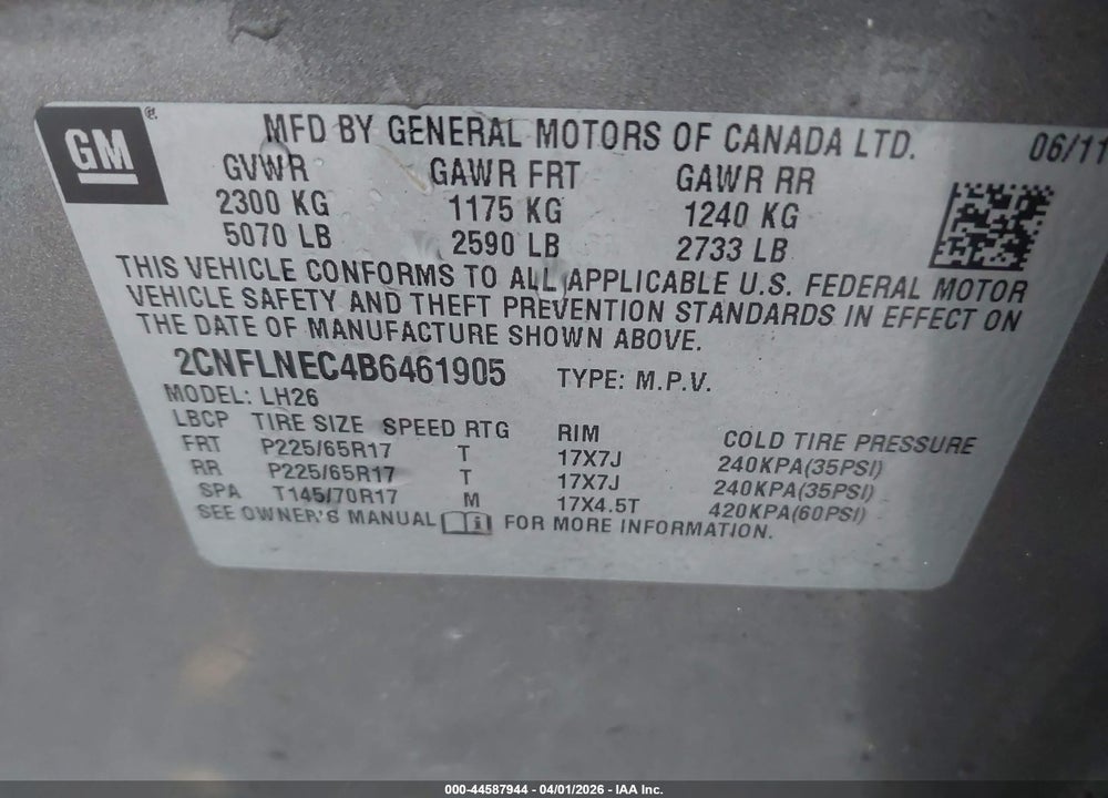 2011 CHEVROLET EQUINOX 2LT VIN: 2CNFLNEC4B6461905