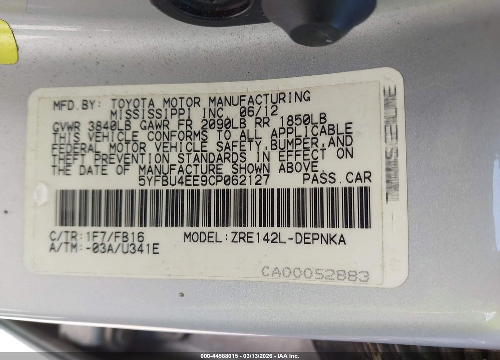 2012 TOYOTA COROLLA LE VIN: 5YFBU4EE9CP062127