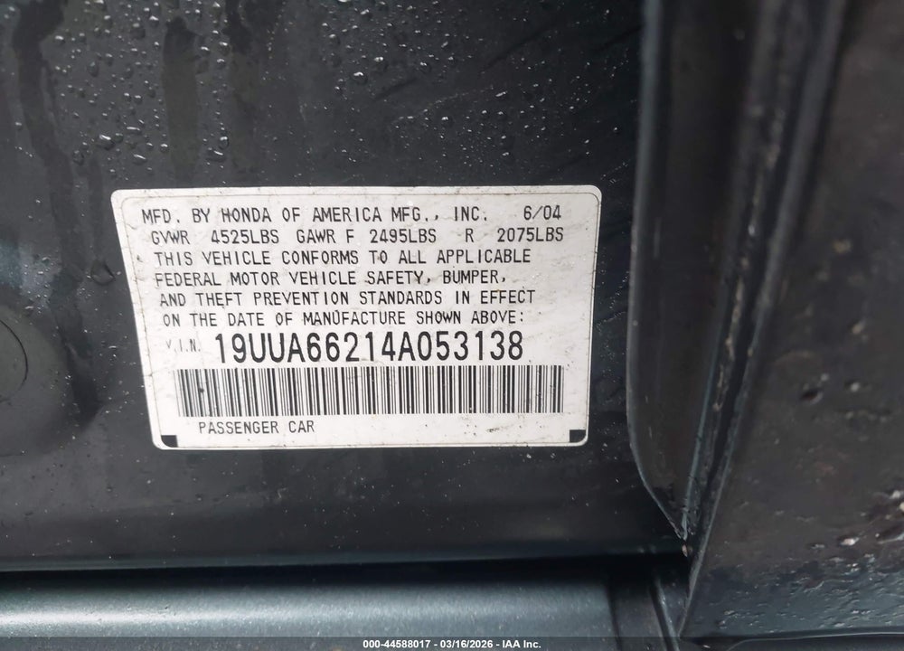 2004 ACURA TL VIN: 19UUA66214A053138