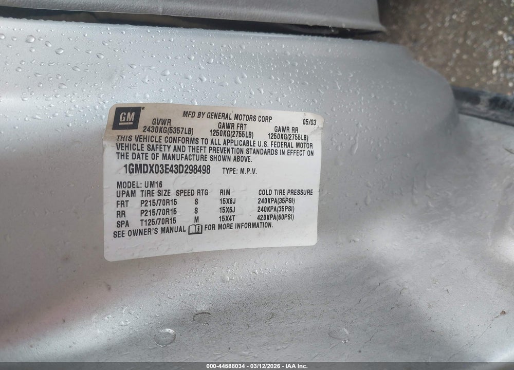 2003 PONTIAC MONTANA M16 W/1SA PKG. VIN: 1GMDX03E43D298498