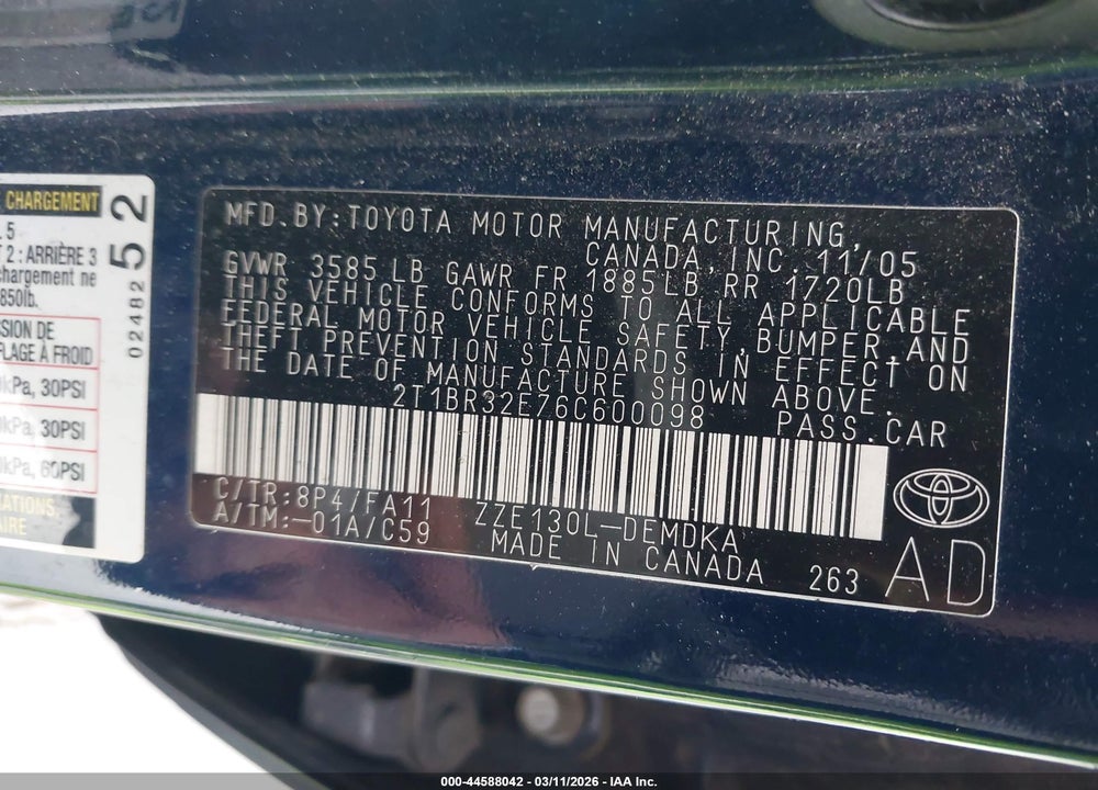 2006 TOYOTA COROLLA CE VIN: 2T1BR32E76C600098