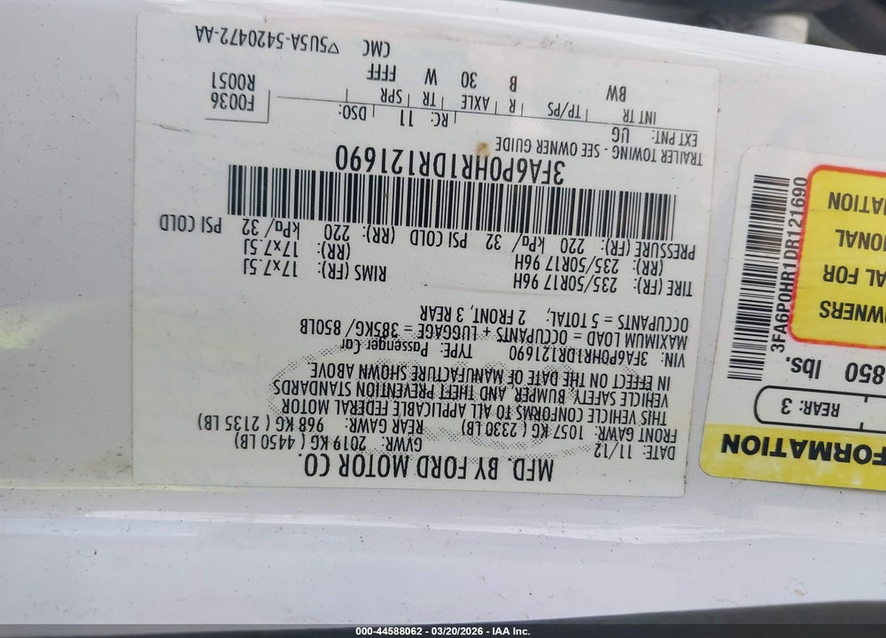 2013 FORD FUSION SE VIN: 3FA6P0HR1DR121690