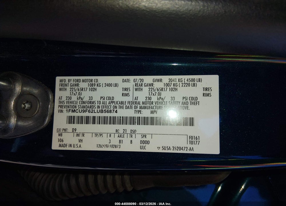 2020 FORD ESCAPE S VIN: 1FMCU9F62LUB56874