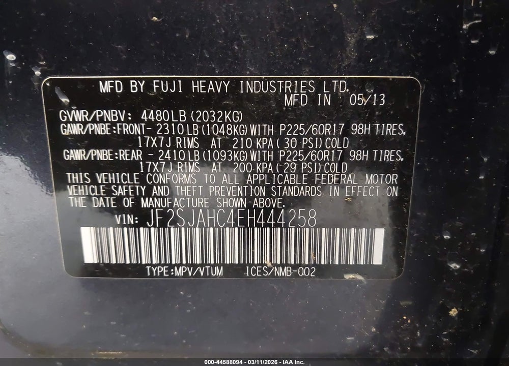 2014 SUBARU FORESTER 2.5I LIMITED VIN: JF2SJAHC4EH444258