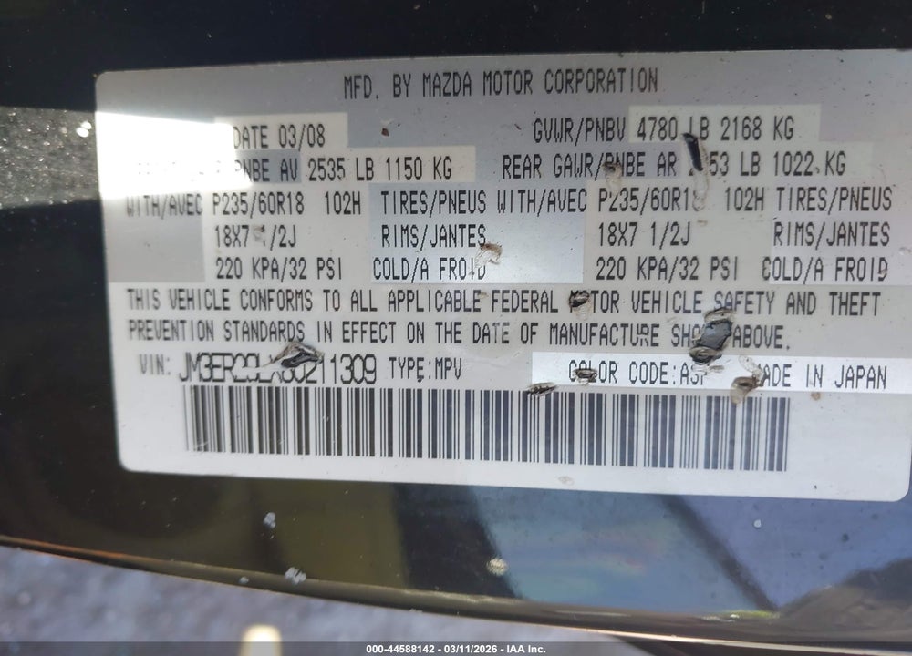 2008 MAZDA CX-7 SPORT VIN: JM3ER29LX80211309