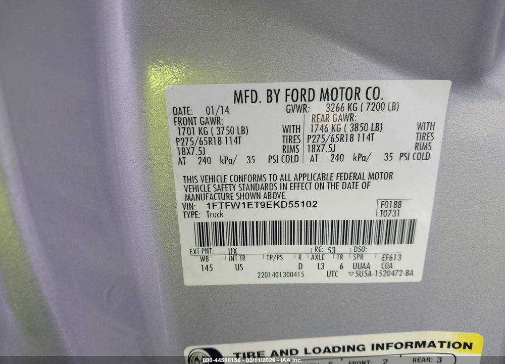 2014 FORD F-150 XLT VIN: 1FTFW1ET9EKD55102