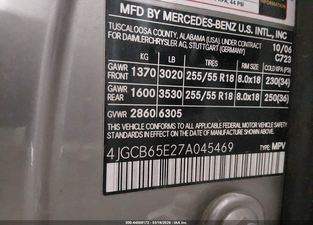 2007 MERCEDES-BENZ R 350 4MATIC VIN: 4JGCB65E27A045469