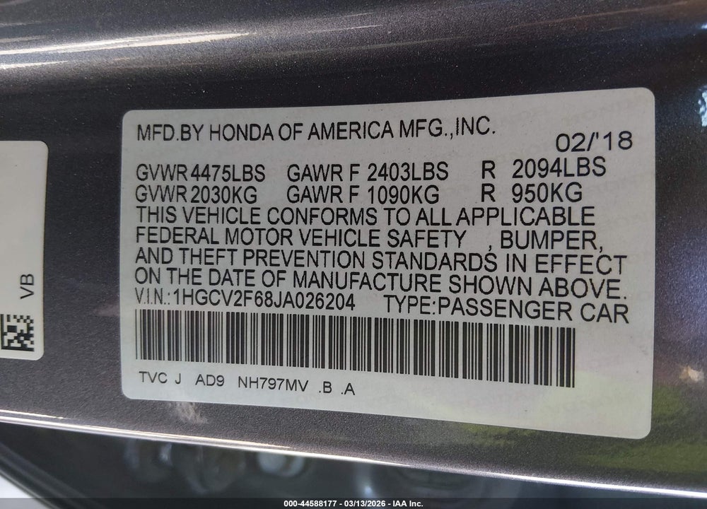 2018 HONDA ACCORD EX-L 2.0T VIN: 1HGCV2F68JA026204