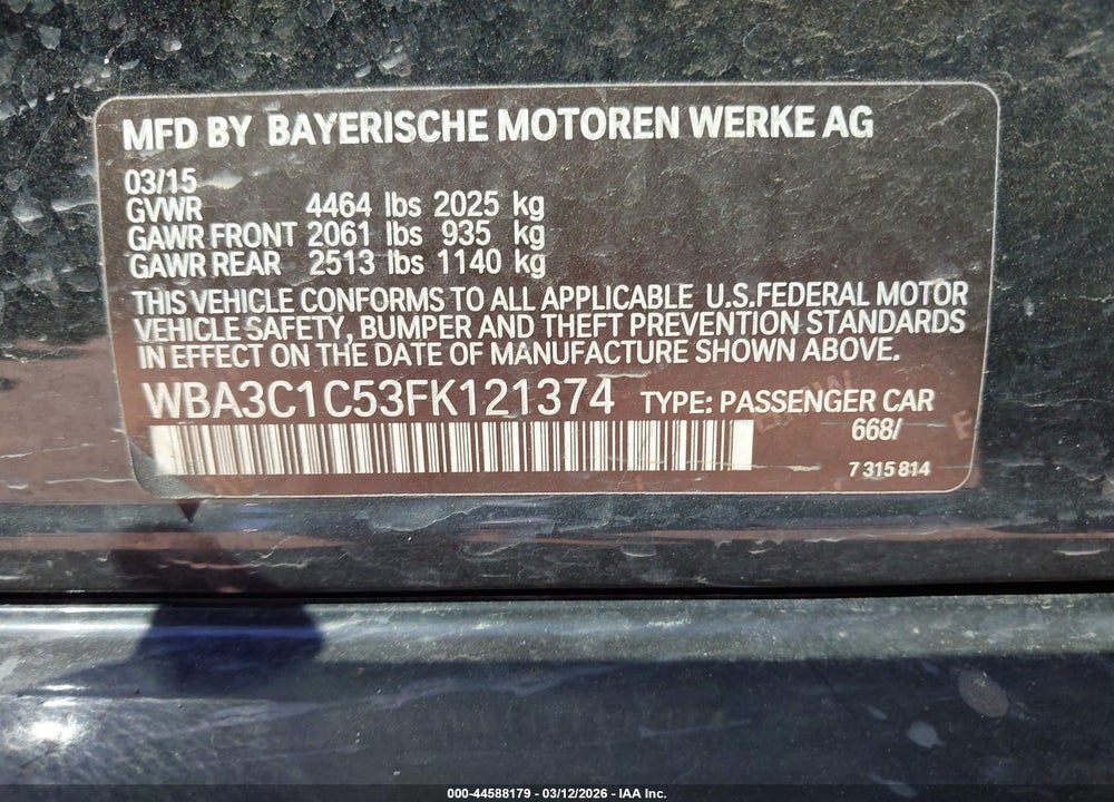 2015 BMW 328I VIN: WBA3C1C53FK121374