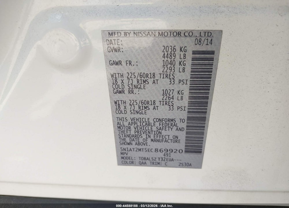 2014 NISSAN ROGUE SL VIN: 5N1AT2MT5EC869920