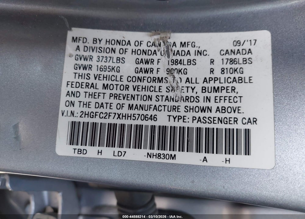 2017 HONDA CIVIC EX VIN: 2HGFC2F7XHH570646