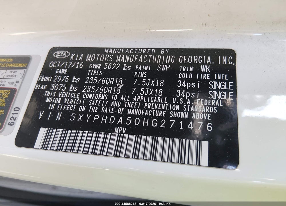 2017 KIA SORENTO 3.3L EX VIN: 5XYPHDA50HG271476