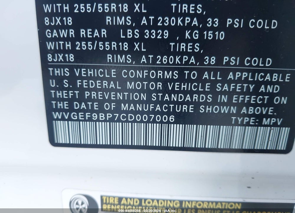 2012 VOLKSWAGEN TOUAREG VR6 SPORT VIN: WVGEF9BP7CD007006