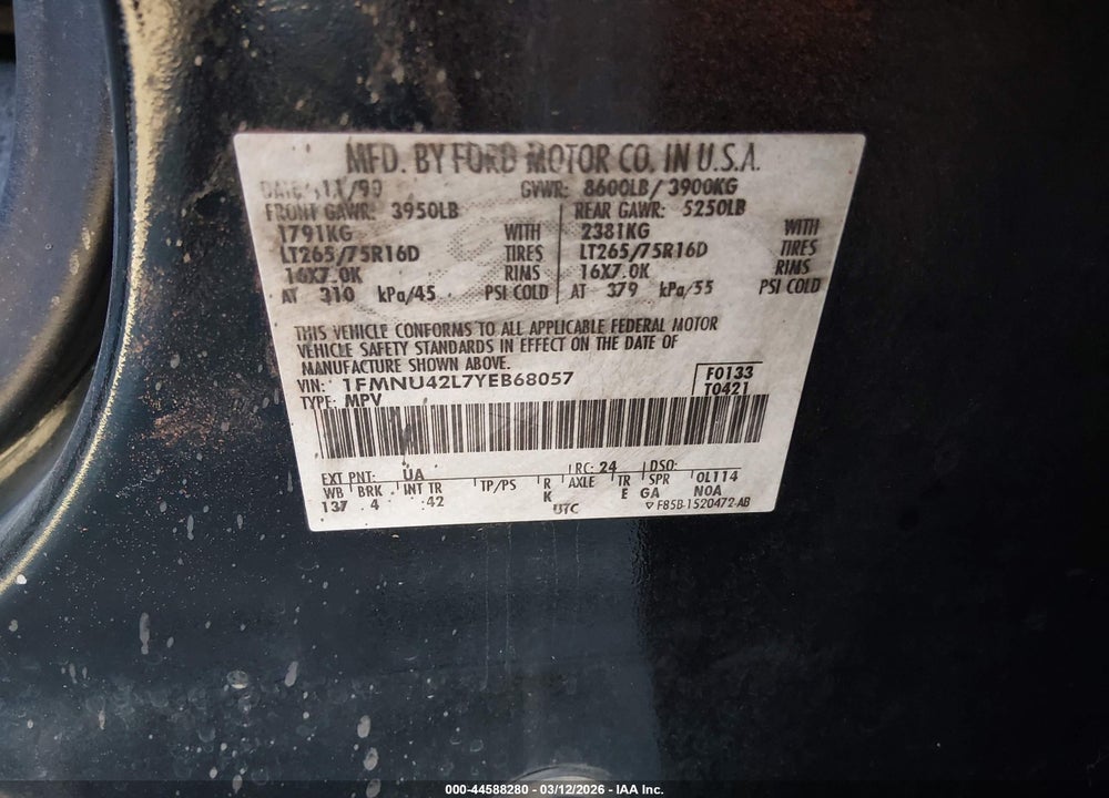 2000 FORD EXCURSION LIMITED VIN: 1FMNU42L7YEB68057