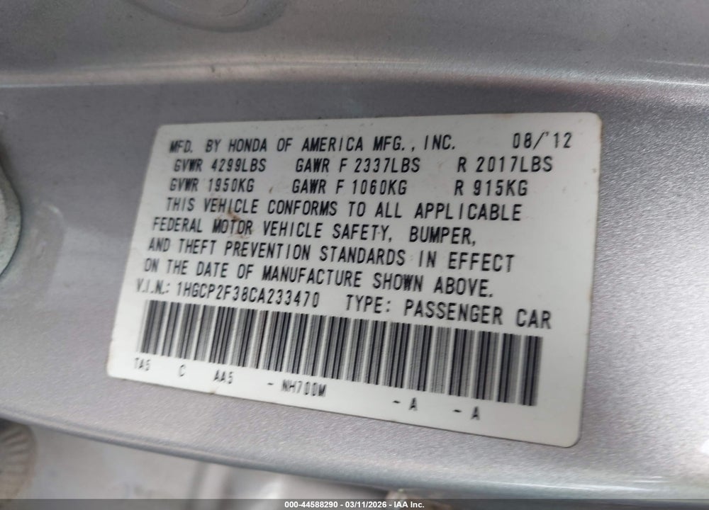 2012 HONDA ACCORD 2.4 LX VIN: 1HGCP2F38CA233470