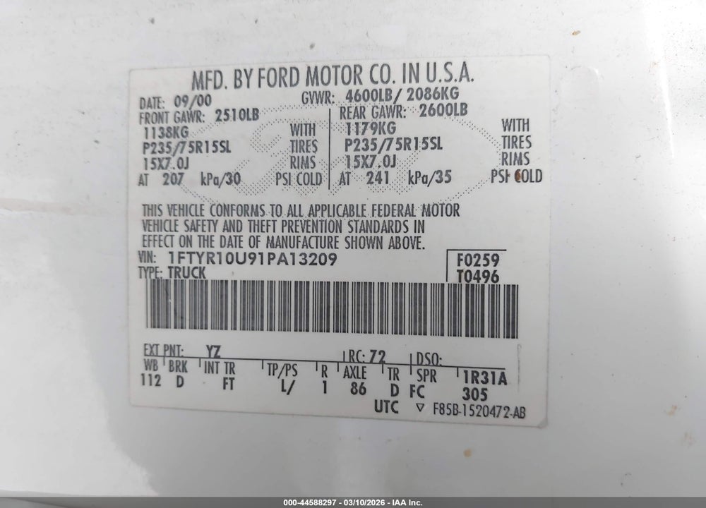 2001 FORD RANGER EDGE/XL/XLT VIN: 1FTYR10U91PA13209
