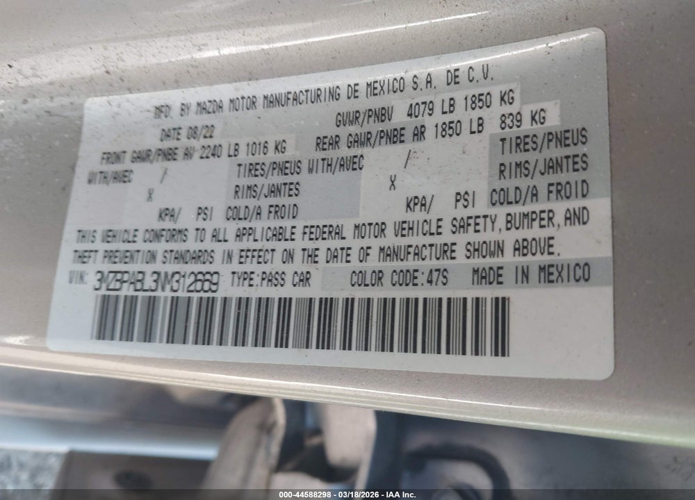 2022 MAZDA 3 SELECT VIN: 3MZBPABL3NM312669