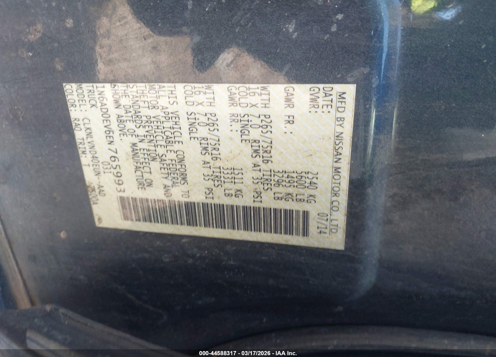 2014 NISSAN FRONTIER PRO-4X VIN: 1N6AD0EV6EN765993