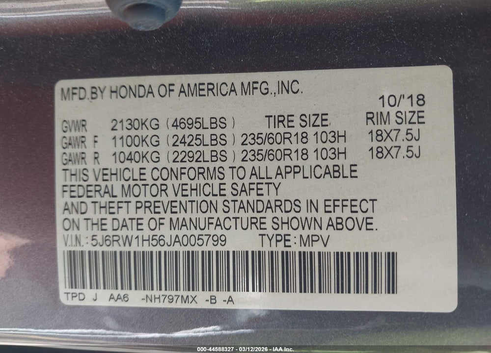 2018 HONDA CR-V EX VIN: 5J6RW1H56JA005799