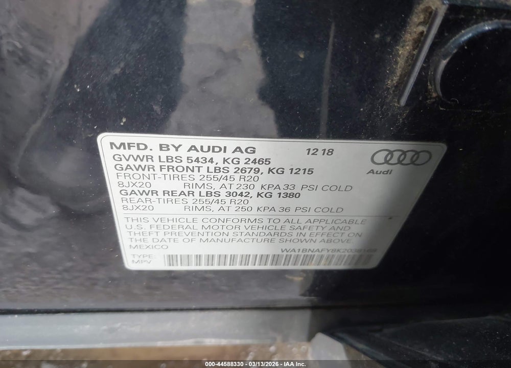 2019 AUDI Q5 45 PREMIUM VIN: WA1BNAFY8K2038168