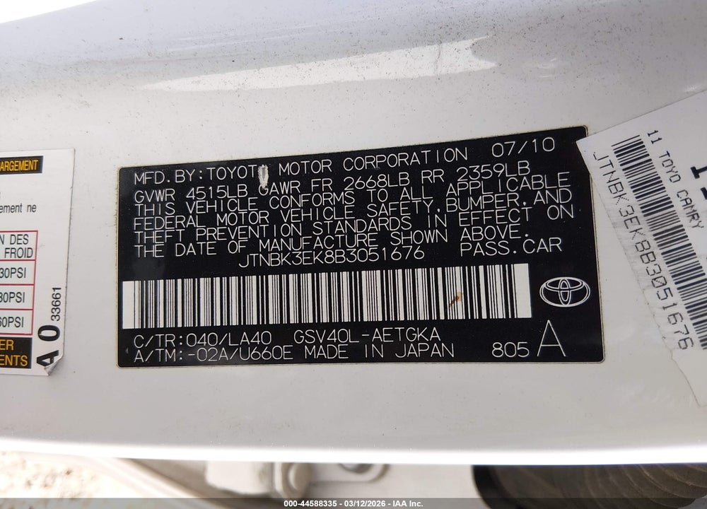 2011 TOYOTA CAMRY XLE V6 VIN: JTNBK3EK8B3051676