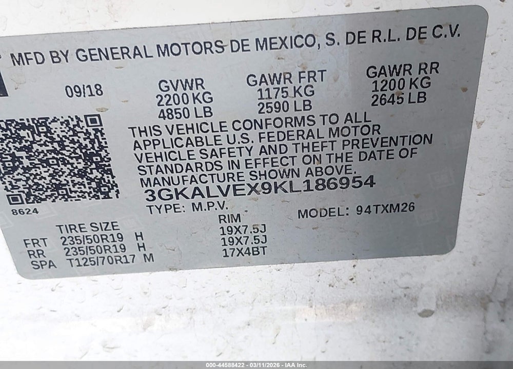 2019 GMC TERRAIN SLT VIN: 3GKALVEX9KL186954