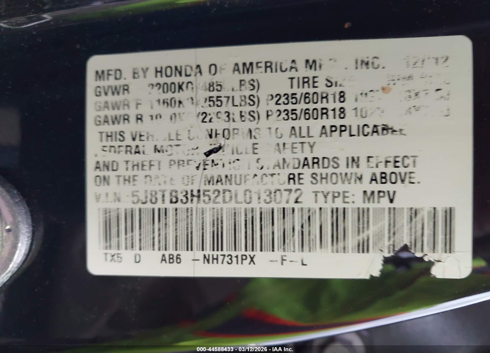 2013 ACURA RDX VIN: 5J8TB3H52DL013072
