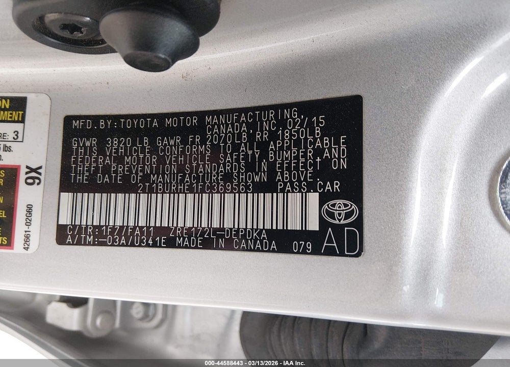 2015 TOYOTA COROLLA L VIN: 2T1BURHE1FC369563