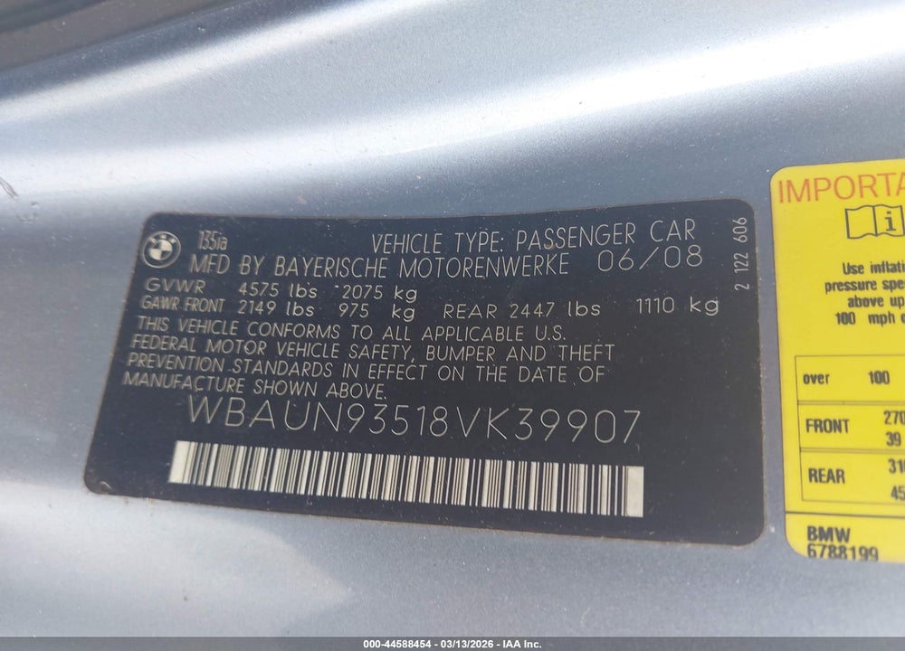 2008 BMW 135I VIN: WBAUN93518VK39907