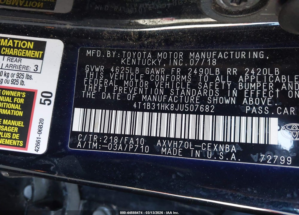 2018 TOYOTA CAMRY HYBRID LE VIN: 4T1B31HK8JU507682