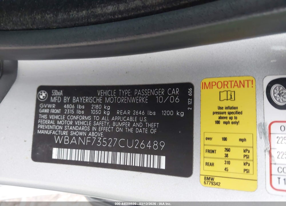 2007 BMW 530XI VIN: WBANF73527CU26489
